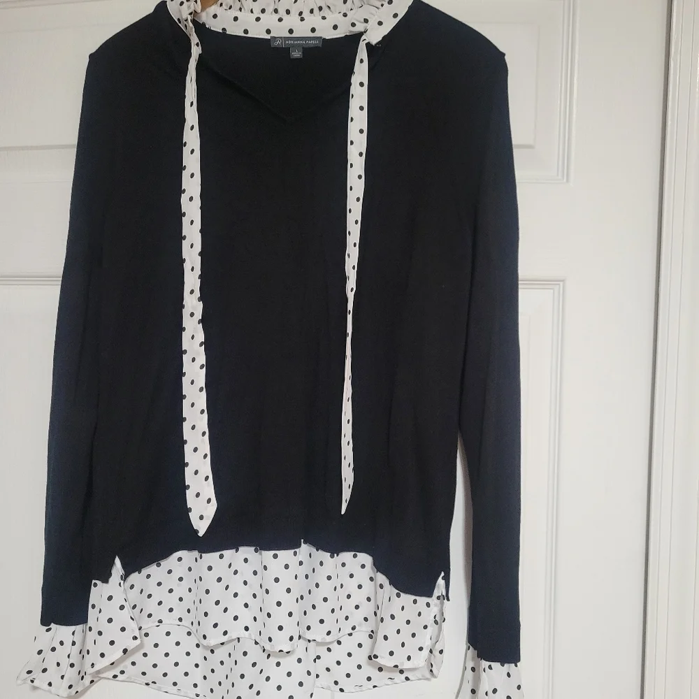 Adrianna Papell Black Sweater Top with Polka Dot Accents - Picture 8 of 8